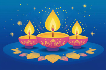 Fototapeta premium Diwali Illustration with Burning Oil Lamps on Lotus Shape and Blue Background