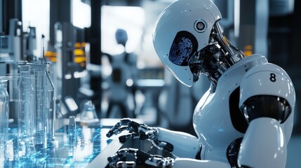 Fototapeta premium Artificial Intelligence Robot Performing Work In A Scientific Laboratory