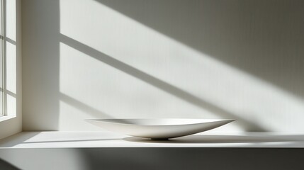 White ceramic bowl by window with minimalist interior decor.
