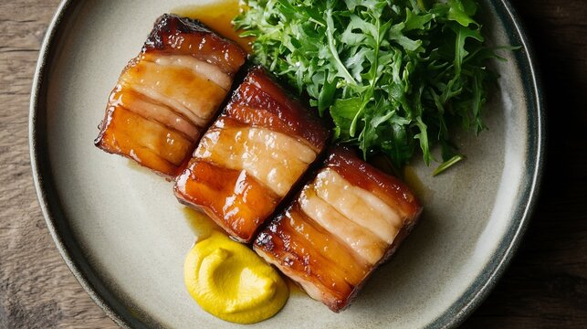 Top down view of Japanese kakuni slow braised pork belly served mustard and greens on a small plate