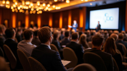 A Man in a Suit Listening to a Presentation in a Dark Room
