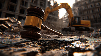  Legal Adjudication in Construction and Land Development: Gavel Striking Ground with Excavator in Background
