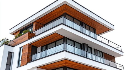 Modern building with wooden accents and glass balconies on a bright day