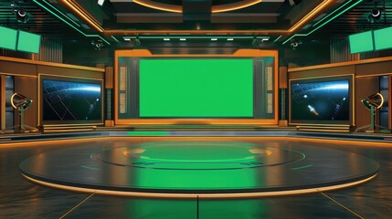 A tech-focused talk show set with a blank green screen, digital screens, and professional-grade camera equipment