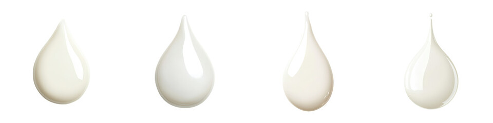 Fototapeta premium Four varied creamy liquid drops with surface reflections emphasizing purity, texture and viscosity.