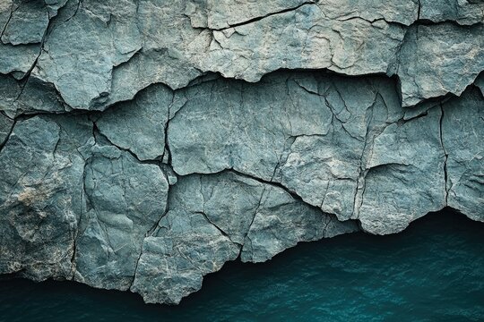 A close-up view of a rugged, teal-toned rock formation meeting a dark teal body of water.