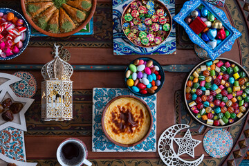 Ramadan Month Celebration Table. Muslim Family Having İftar At Home. Colorful Candies, Desserts and Chocolate, Ramadan Kareem Concept Photo, Uskudar Istanbul, Turkiye (Turkey)