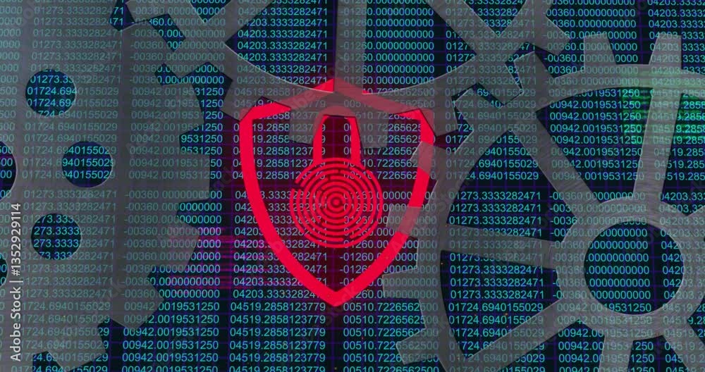 Poster digital security lock animation over background of encrypted data and binary code