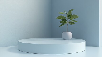 Pastel Blue Podium with Plant, Minimalist Display