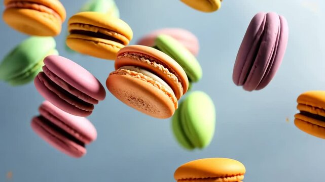 Colorful macarons float mid-air against a blue backdrop, captured in a dynamic, close-up angle, evoking a playful, whimsical video style. Live desktop wallpaper.