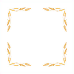 Elegant yellow ornamental frame with cereal spikelets, wheat ears, decorative border, corners for greeting cards, banners, business cards, invitations, menus. Isolated vector illustration.	