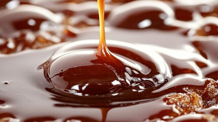 Molten caramel drizzle atop brown surface, close-up with shallow depth of field