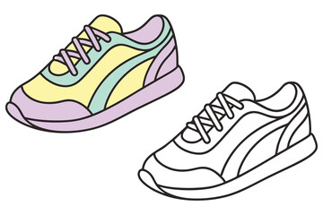 Pastel Colored Sneaker With Black Outline, Isolated Sport Shoe with Outline Style