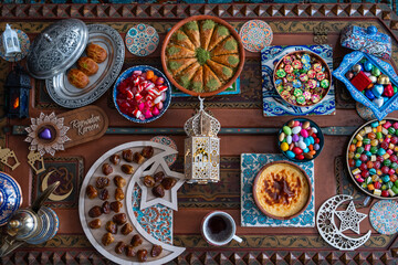 Ramadan Month Celebration Table. Muslim Family Having İftar At Home. Colorful Candies, Desserts and Chocolate, Ramadan Kareem Concept Photo, Uskudar Istanbul, Turkiye (Turkey)