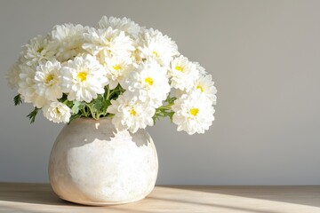 Contemporary ceramic vase with irregular organic texture, filled with voluminous white chrysanthemums, arranged in a natural burst, placed on a polished wooden surface