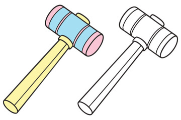 Pastel Mallet Illustration, Wood Handle, Rubber Head, Isolated Line Art on White