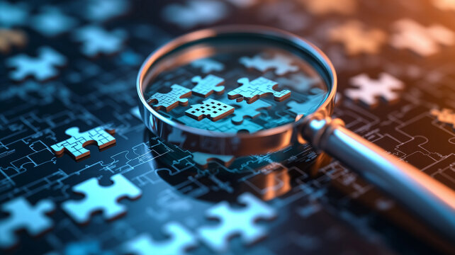 A magnifying glass focuses on puzzle pieces, symbolizing problem-solving and attention to detail. This captures the essence of exploration and discovery.
