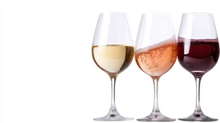 Three elegant wine glasses display white, rosé, and red wines, set against a bright background showcasing their unique colors and textures, ideal for a wine lovers' collection.