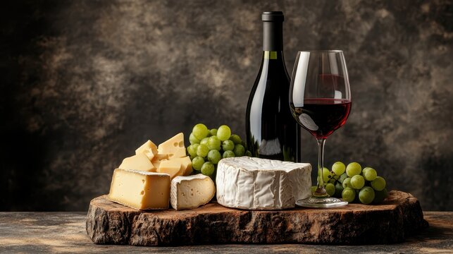 A captivating arrangement of the finest cheeses, fresh grapes, and a bottle of red wine displayed on a rustic wooden board that embodies sophistication and culinary elegance.