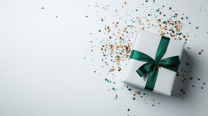 A beautifully wrapped gift box adorned with a green ribbon surrounded by colorful confetti, perfect for celebrating special occasions and creating joyful moments.