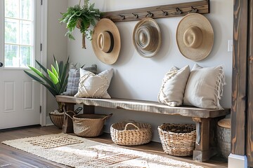 modern entryway with wooden bench, hanging coat rack, storage baskets, organized lifestyle, welcoming home