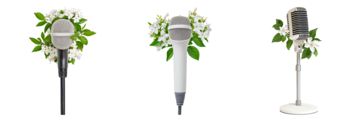 Isolated Microphones with Floral Accents on Transparent Background