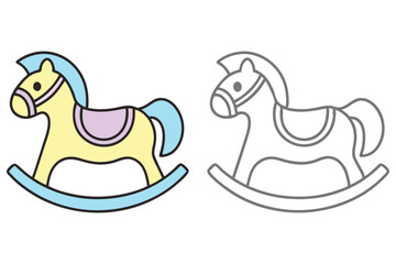 Toy Horse Icons, Outlined Cartoon Rocking Animal, Pastel Colored Decor, Lineart Style