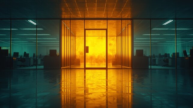 Office corridor with light emanating from doorway at end, surrounded by empty desks