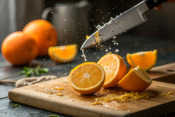 A high-speed shot capturing the precise moment a knife slices through a juicy orange, sending droplets of citrus juice into the air. The scene is brightly lit, emphasizing the fresh, vibrant textures