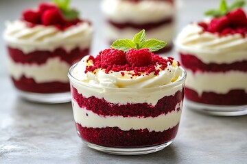 Delicious layered dessert in glass jars topped with raspberries
