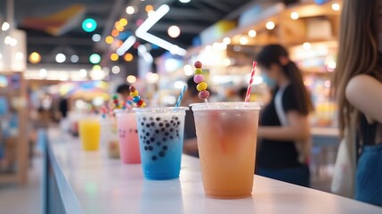 Colorful drinks displayed at a vibrant market stall.