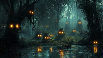 Obraz premium Cinematic Dark Forest With Glowing Eyes Among Trees, Swampy Ground, Mysterious Concept Art