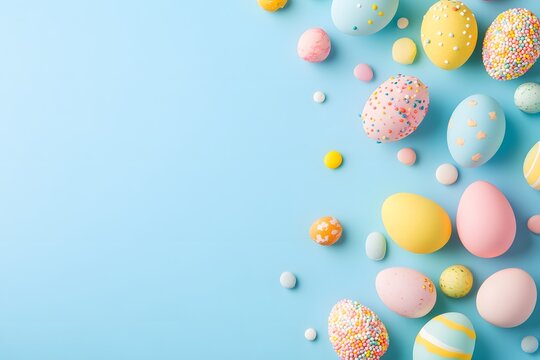 Colorful easter eggs scattered playfully on a bright blue background, capturing the essence of springtime festivities and joy Generative AI