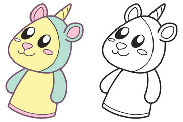 Unicorn Bear Cartoon Animal with Horn, Ears and Outline Drawing Style