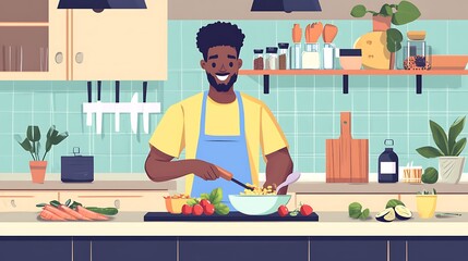 A happy man in the kitchen preparing a meal