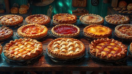 Rustic bakery display of assorted fruit pies, wooden table setting, vintage background, perfect for food blogs or recipe websites