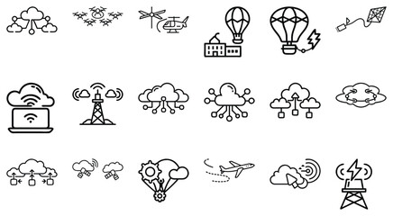 Collection of Line Icons Related to Technology, Connectivity, and Air Transportation