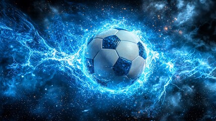 Naklejka premium Fiery blue energy engulfing soccer ball.