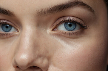 Close-Up Portrait of Person with Defined Features and Blue Winged Eyeliner, Soft Makeup Look on Neutral Background