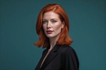 Portrait of Stylish Woman with Shoulder-Length Red Hair Against a Teal Background