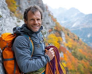 Climber Smiles Autumn Mountains.