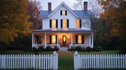 A beautifully restored farmhouse with white picket fences and warm glowing windows --ar 16:9 --v 6.1 Job ID: 50bf58b0-aec9-4cb5-a396-84f36814b195