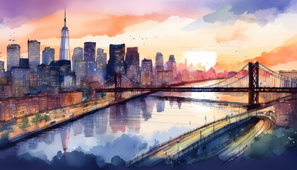 Fototapeta premium A watercolor painting of the New York City skyline at sunset, featuring bridges over a river and a vibrant, colorful sky