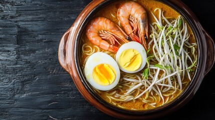Top down view of Malaysian laksa noodle soup shrimp boiled egg and bean sprouts served in a clay pot on a black textured background