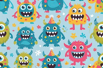 Playful Cartoon Monster Seamless Pattern for Kids Birthday Celebrations Home Decor Gifts and Fun Products