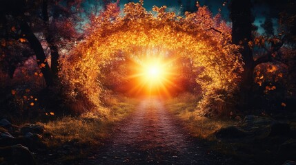 Fototapeta premium Magical dirt path leading through an archway of glowing autumn trees towards a bright shining sun in a dark fantasy forest.