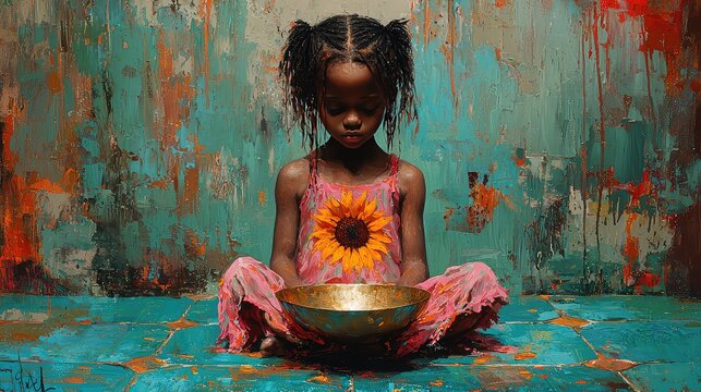 Girl meditates, holding a bowl, textured teal background, poverty concept, for social awareness campaigns