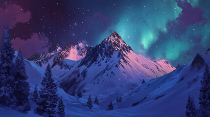 Aurora borealis over a snow-covered mountain