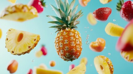Floating Pineapple and Strawberries on Blue Background