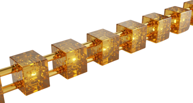 Illuminated Golden Cubes Connected in a Chain Abstract Technology Concept - Powered by Adobe